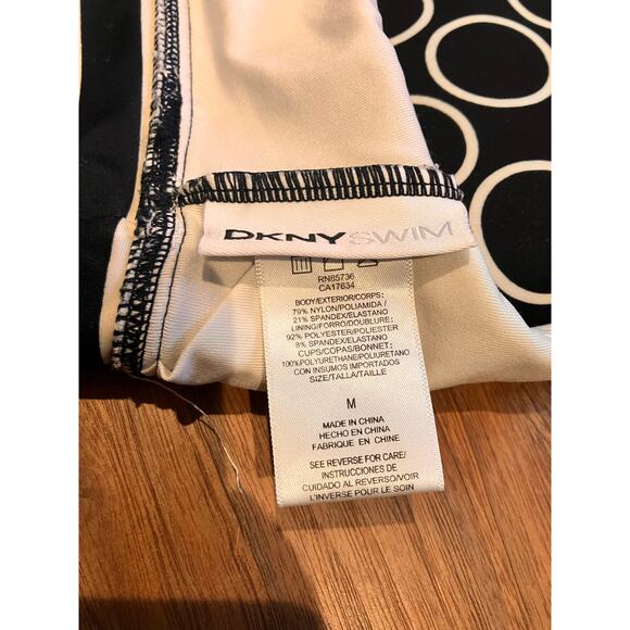 DKNY Swim Top Black Cream Circle Women's Medium Stripes Geometric Racerback - Picture 3 of 5